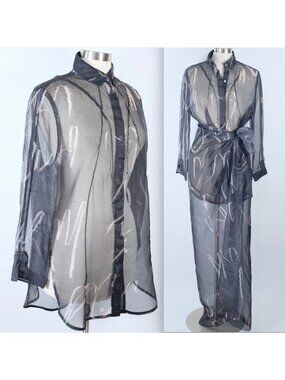 CHADO Ralph Rucci sz 12 blouse and scarf suit set black silk painted
